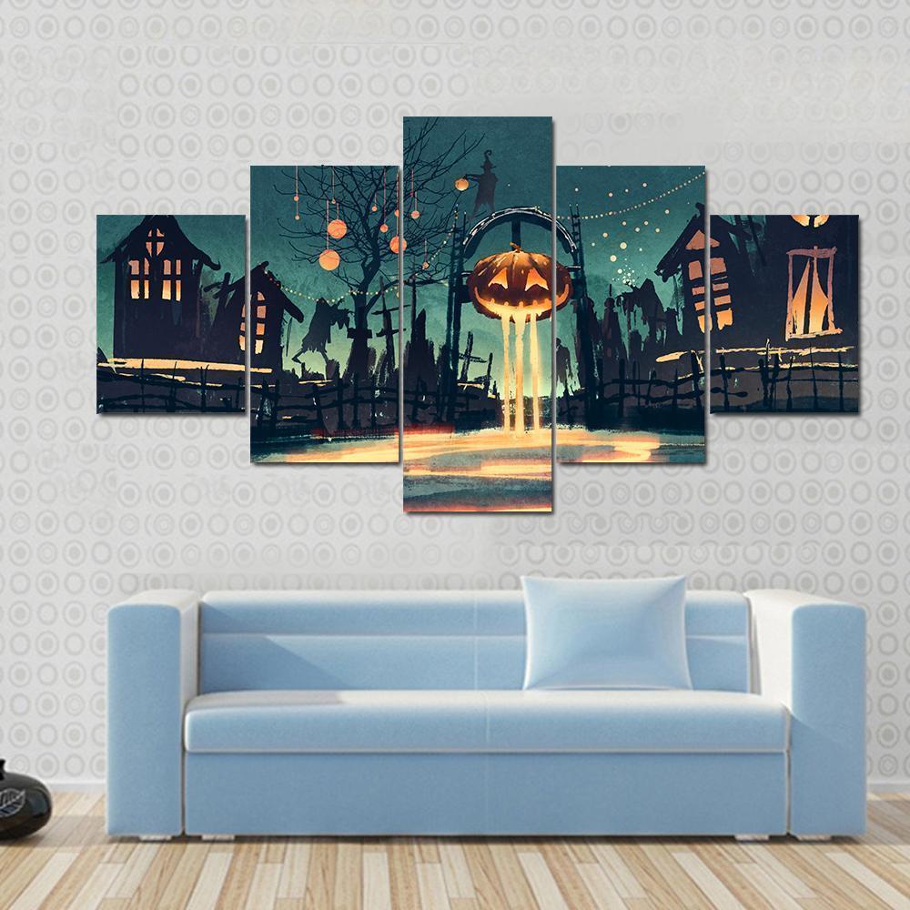 Halloween Night With Pumpkin And Haunted Houses,illustration Nature Canvas Wall Art