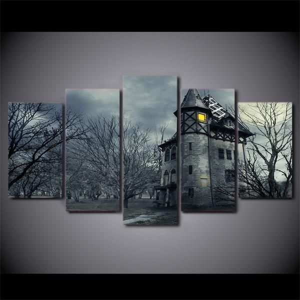 Halloween Spooky Grey Castle Movie Canvas Wall Art