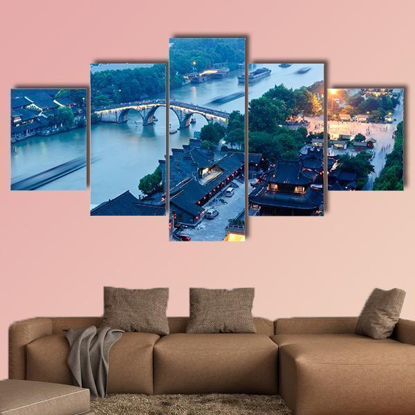 Hangzhou Canal Gongchen Bridge At Dusk Nature Canvas Wall Art