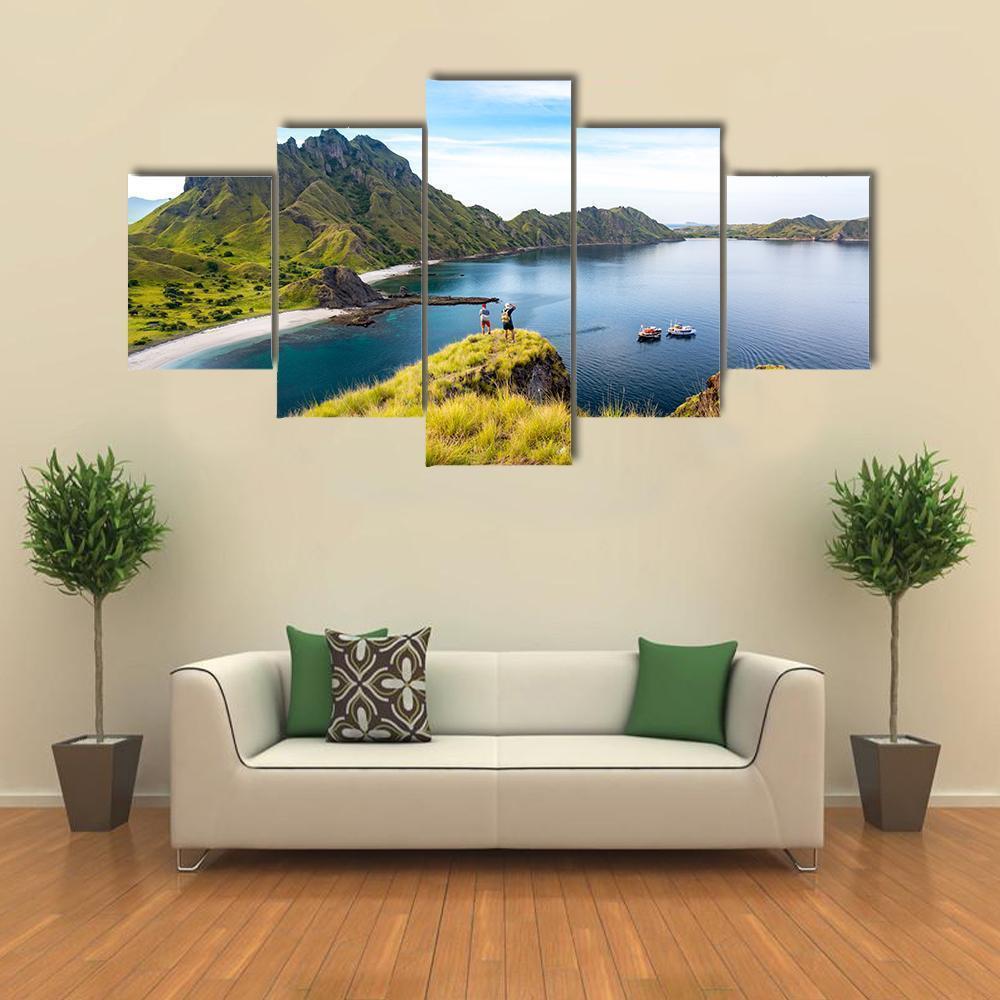 Happy Hikers Standing On Cliff Mountain Nature Canvas Wall Art