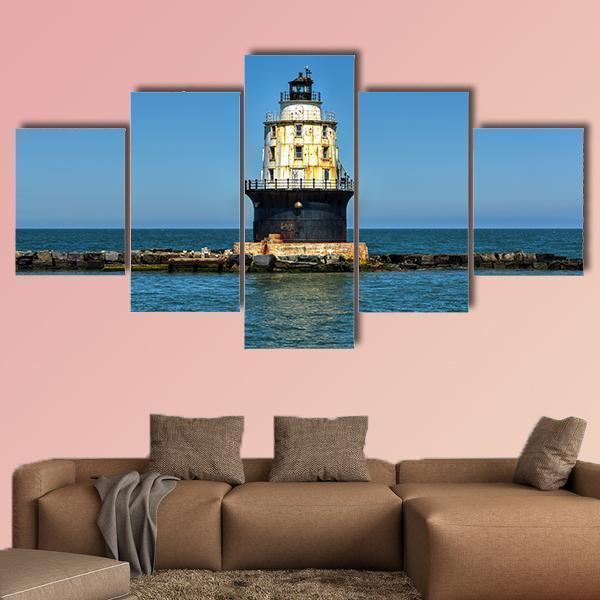 Harbor Of Refuge Lighthouse In Delaware Bay Nature Canvas Wall Art