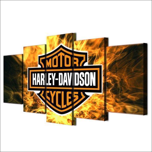 Harley Motorcycle Bar And Shield Flames Fire Car &amp;amp; Motor Canvas Wall Art