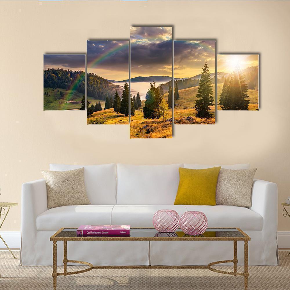 Hillside With Coniferous Forest Mountains Nature Canvas Wall Art