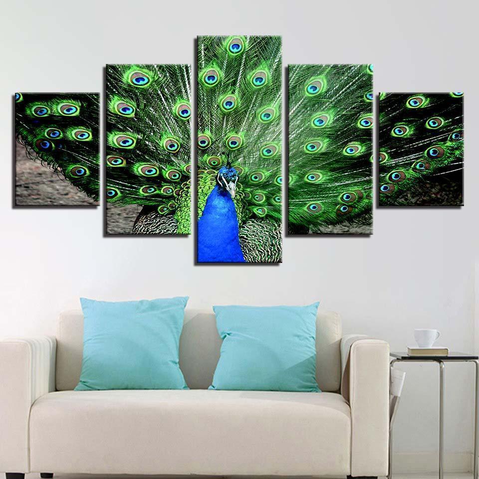 Homeation Peacock Spreads His Green Splendid Tail Animal Canvas Wall Art