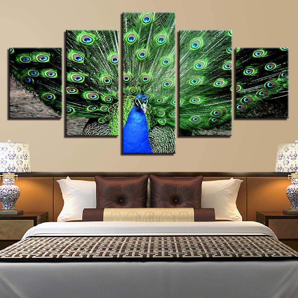 Homeation Peacock Spreads His Green Splendid Tail Animal Canvas Wall Art