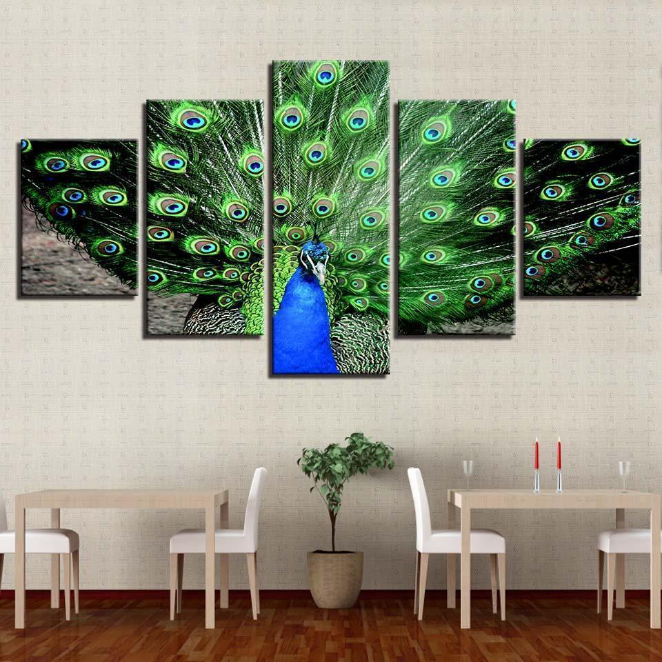 Homeation Peacock Spreads His Green Splendid Tail Animal Canvas Wall Art