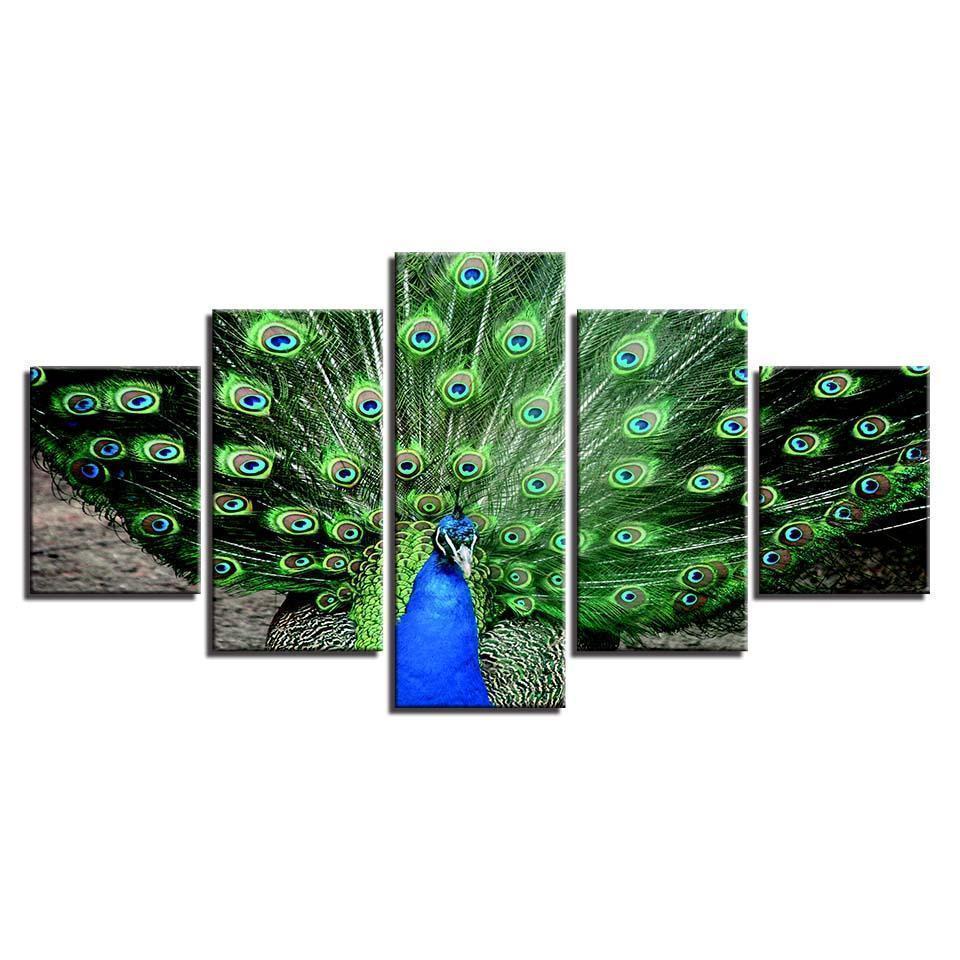 Homeation Peacock Spreads His Green Splendid Tail Animal Canvas Wall Art