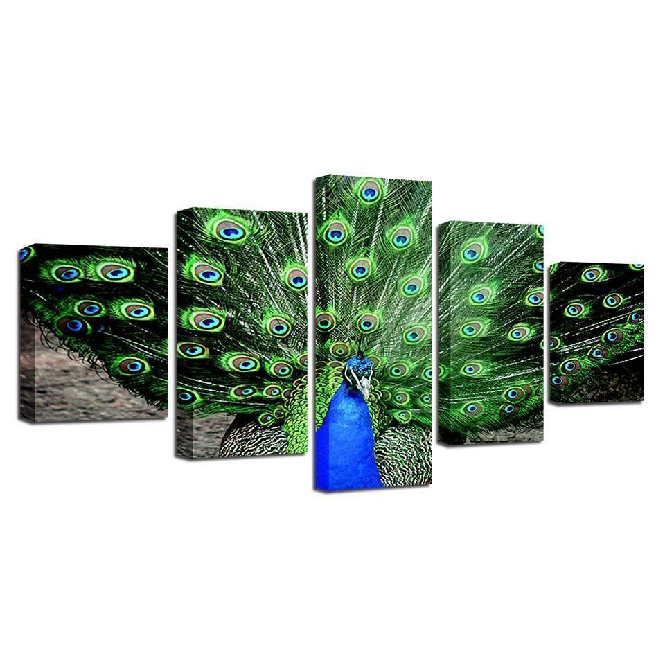 Homeation Peacock Spreads His Green Splendid Tail Animal Canvas Wall Art