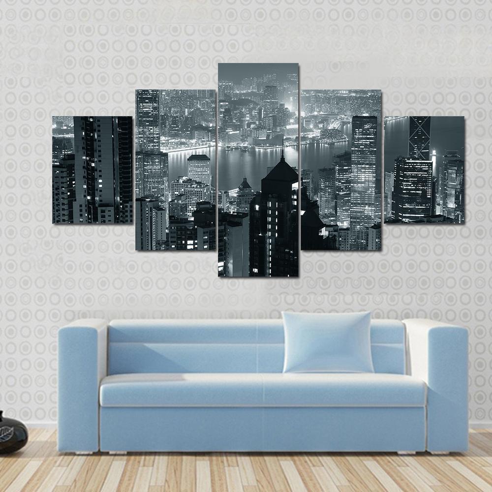 Hong Kong City Skyline At Night Nature Canvas Wall Art