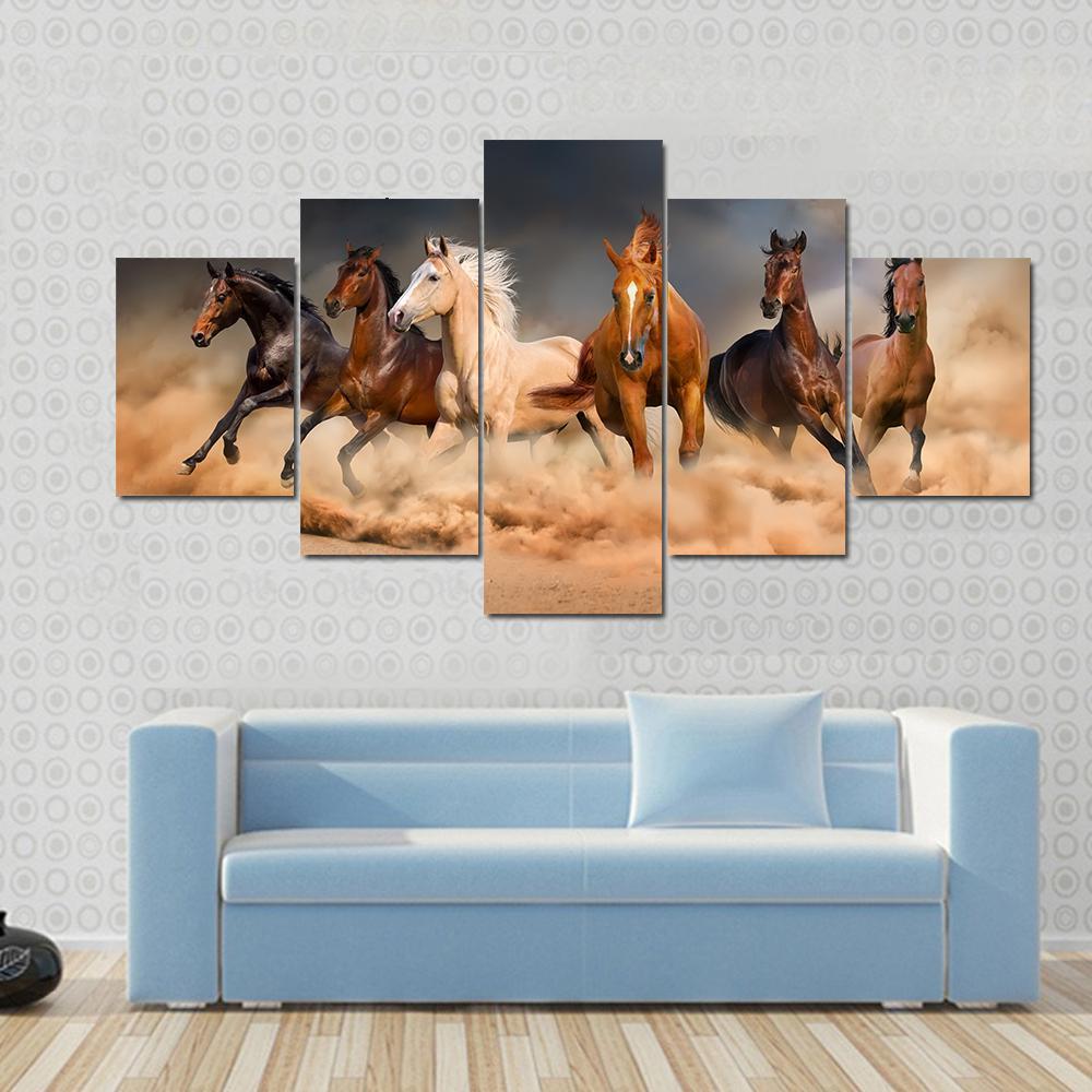 Horse Herd Run In Desert Animal Canvas Wall Art