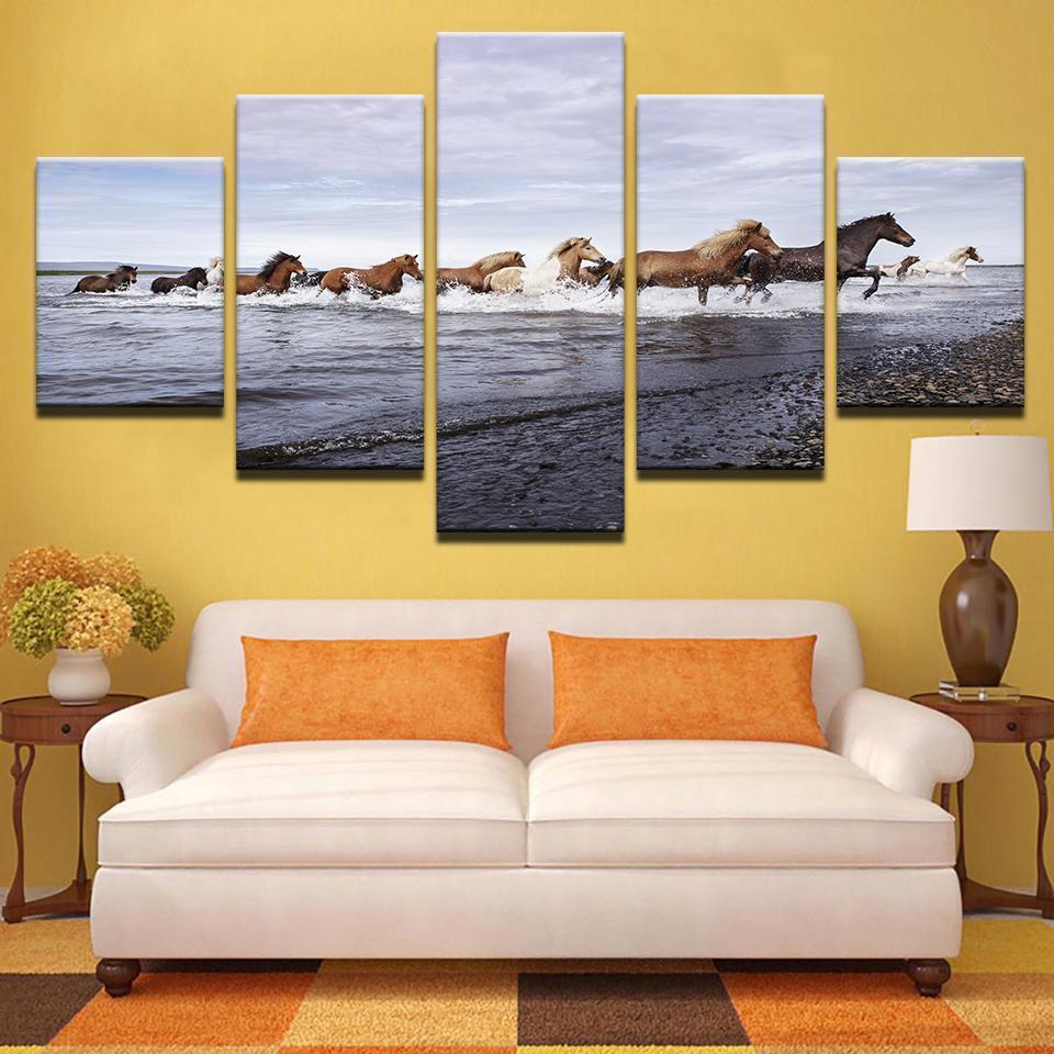 Horses Running In The Sea Animal Canvas Wall Art