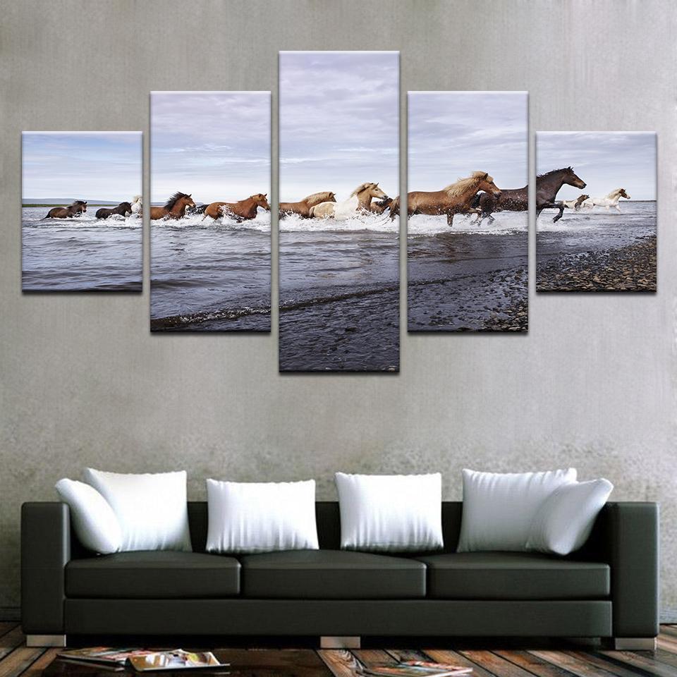 Horses Running In The Sea Animal Canvas Wall Art