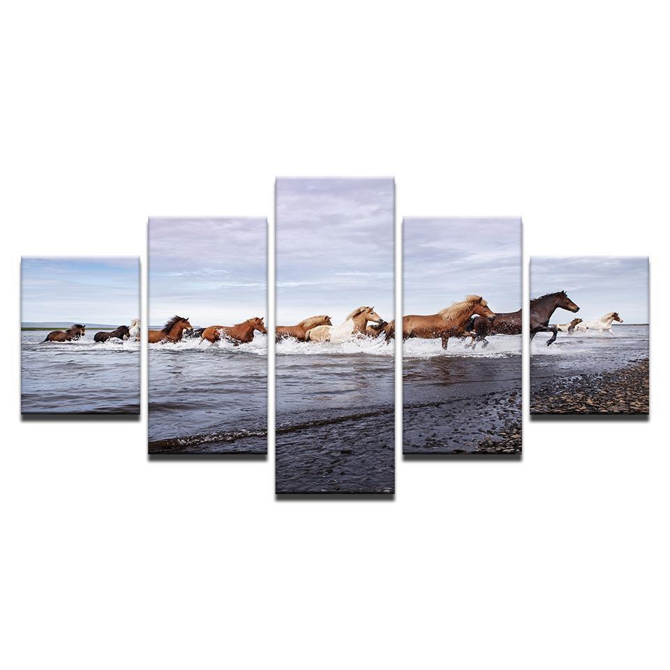 Horses Running In The Sea Animal Canvas Wall Art