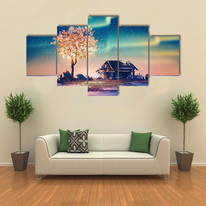 House &amp;amp; Tree Lights Under Northern Lights Nature Canvas Wall Art