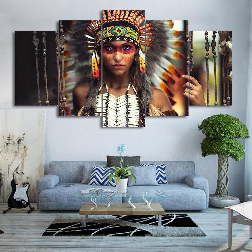 Indian Feather Girl Army Canvas Wall Art