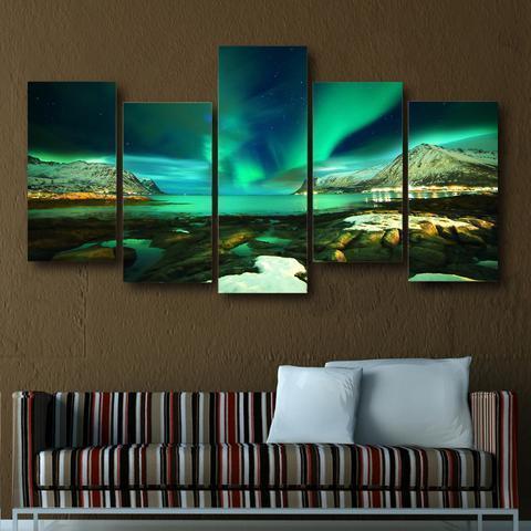 Islands Norway With Green Aurora Nature Canvas Wall Art