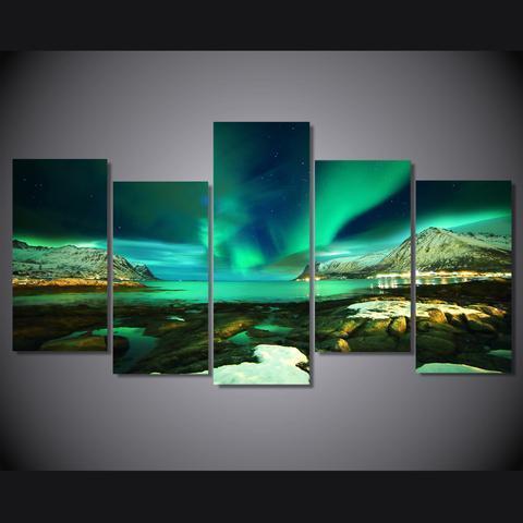 Islands Norway With Green Aurora Nature Canvas Wall Art