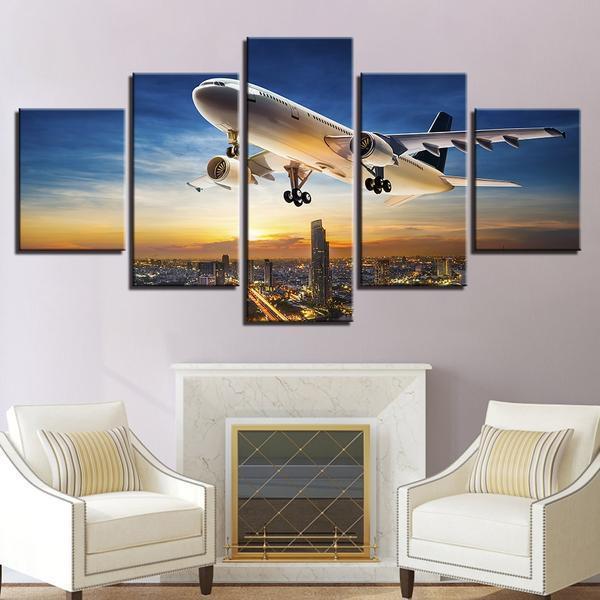 Jet Aircraft Sunset Landing Landscap Airplane Canvas Wall Art