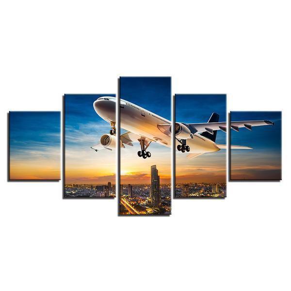 Jet Aircraft Sunset Landing Landscap Airplane Canvas Wall Art