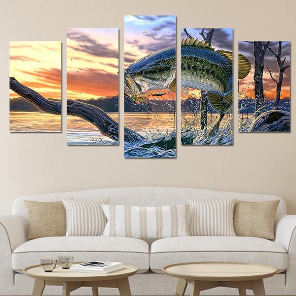 Jumping Bass Fish Fishing Lake River Abstract Canvas Wall Art