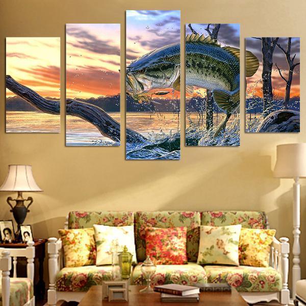 Jumping Bass Fish Fishing Lake River Abstract Canvas Wall Art