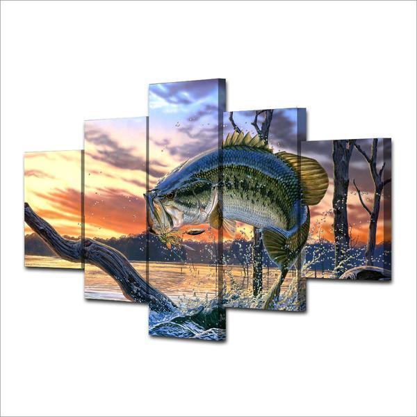 Jumping Bass Fish Fishing Lake River Abstract Canvas Wall Art