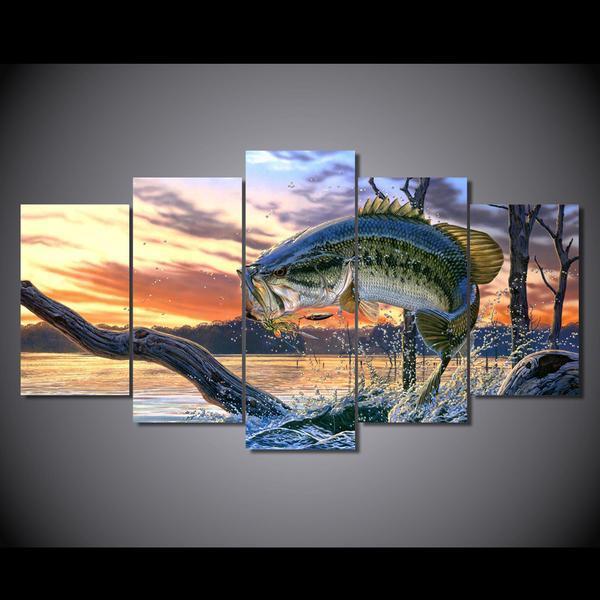 Jumping Bass Fish Fishing Lake River Abstract Canvas Wall Art