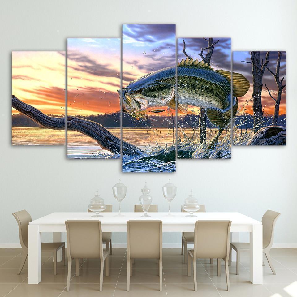 Jumping Bass Fishing Fishing Canvas Wall Art