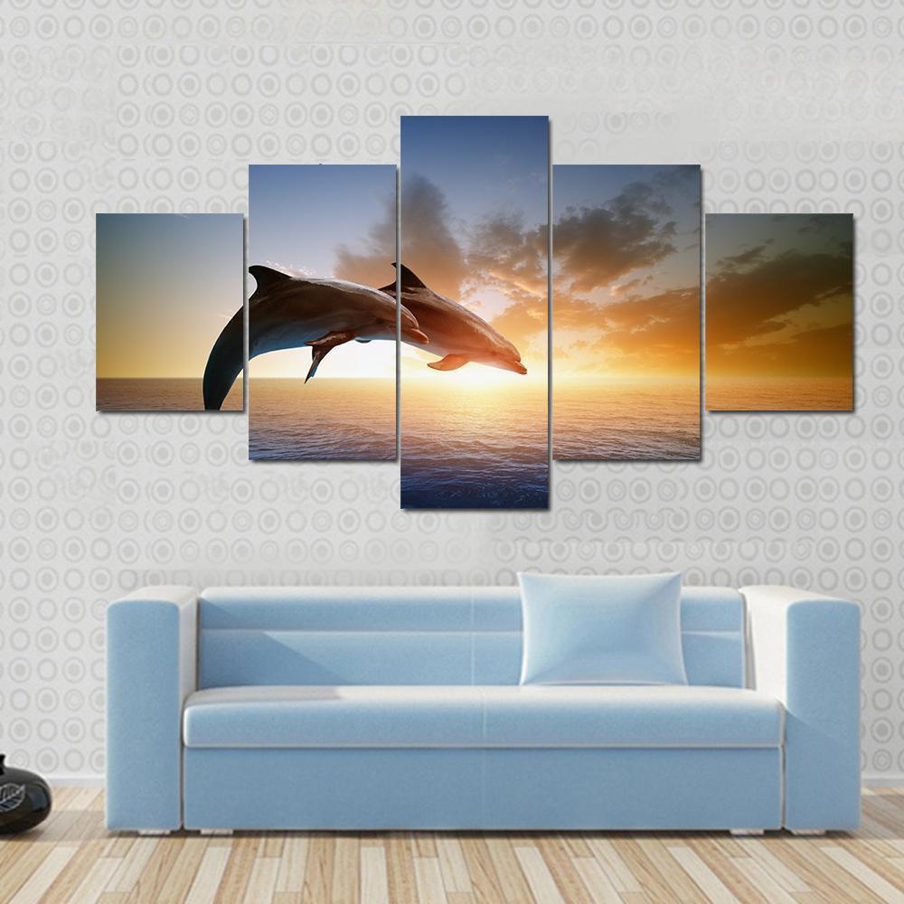Jumping Dolphins Couple , Beautiful Sea Sunset Animal Canvas Wall Art