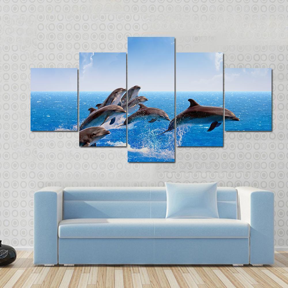 Jumping Dolphins In Blue Sea Animal Canvas Wall Art