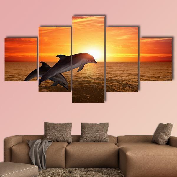 Jumping Dolphins In Red Sunset Animal Canvas Wall Art
