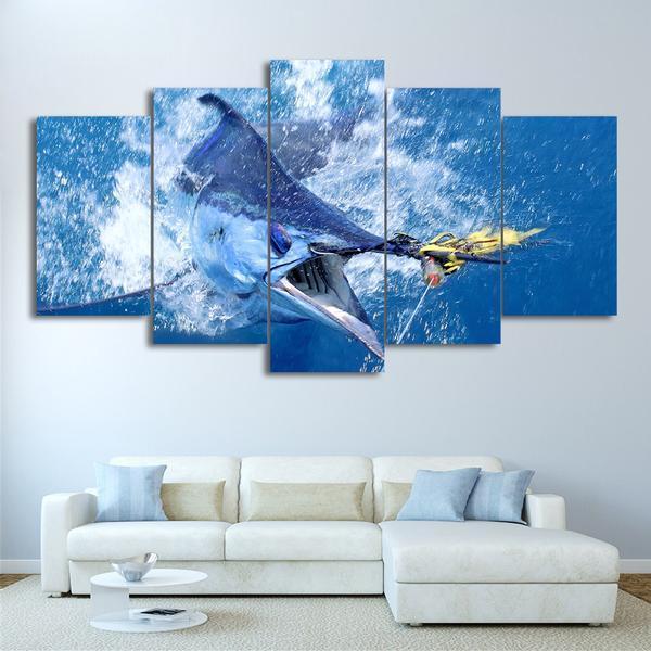 Jumping Marlin Blue Ocean Ocean Canvas Wall Art