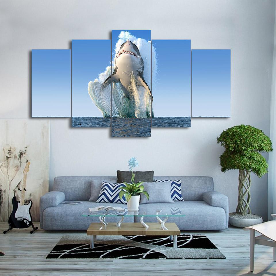 Jumping Shark Painting Ocean Canvas Wall Art