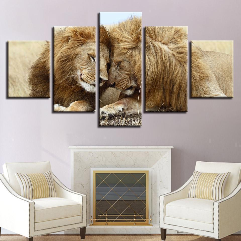 Kissing Lions Animal Canvas Wall Art