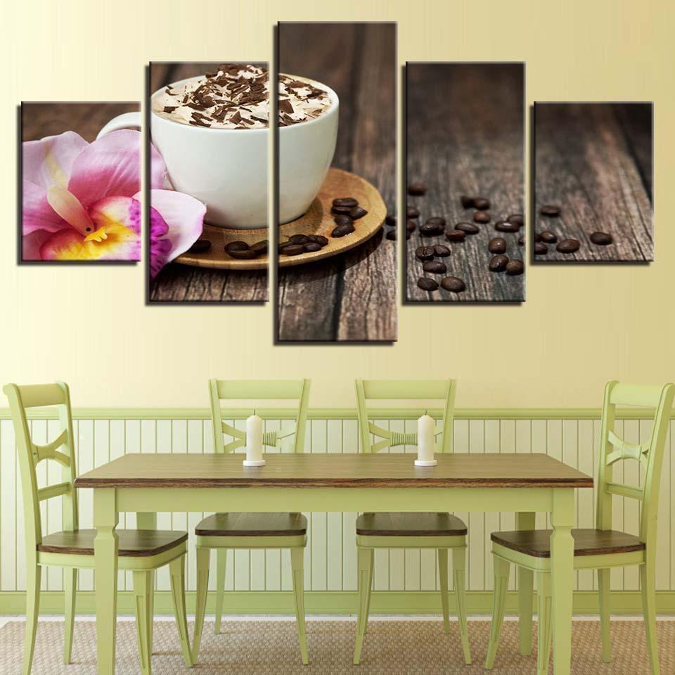 Kitchen And Restaurant Coffee Beans Flower Coffee Cup Nature Canvas Wall Art