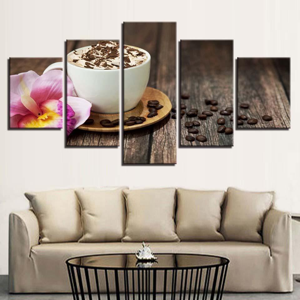 Kitchen And Restaurant Coffee Beans Flower Coffee Cup Nature Canvas Wall Art