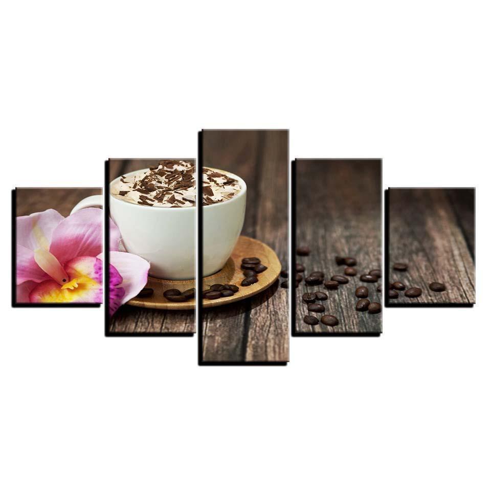 Kitchen And Restaurant Coffee Beans Flower Coffee Cup Nature Canvas Wall Art