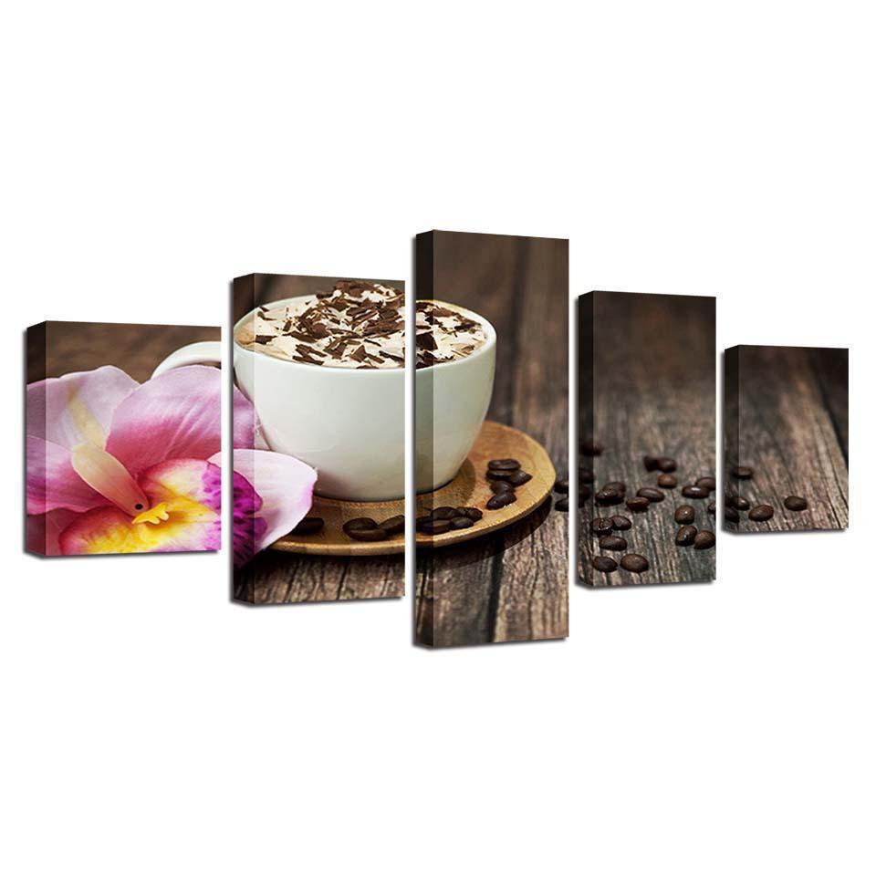 Kitchen And Restaurant Coffee Beans Flower Coffee Cup Nature Canvas Wall Art