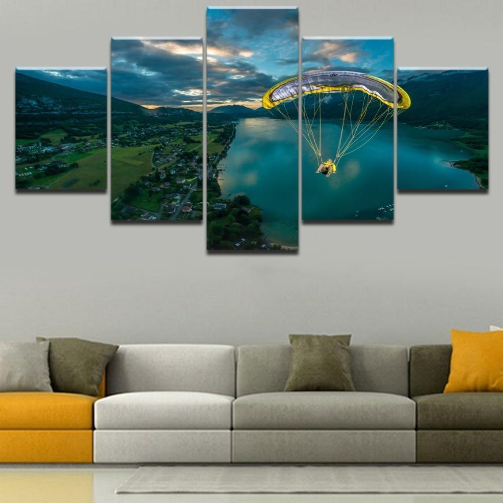 Lake Mountain Parachuting  Sport Canvas Wall Art