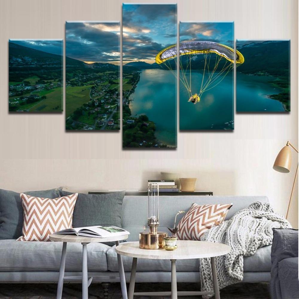 Lake Mountain Parachuting  Sport Canvas Wall Art