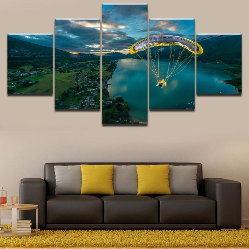 Lake Mountain Parachuting  Sport Canvas Wall Art