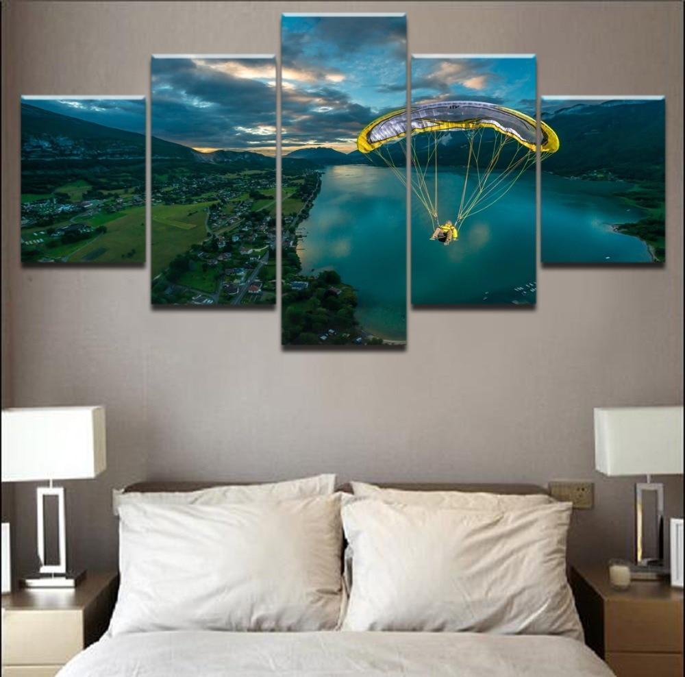 Lake Mountain Parachuting  Sport Canvas Wall Art