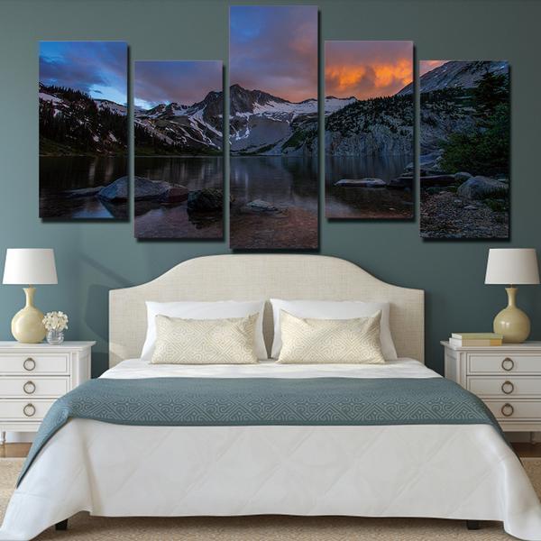 Lake Mountains At Sunset Landscape Nature Canvas Wall Art