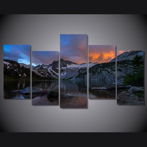 Lake Mountains At Sunset Landscape Nature Canvas Wall Art