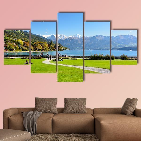 Lake Thun With Jungfrau Mountain Nature Canvas Wall Art