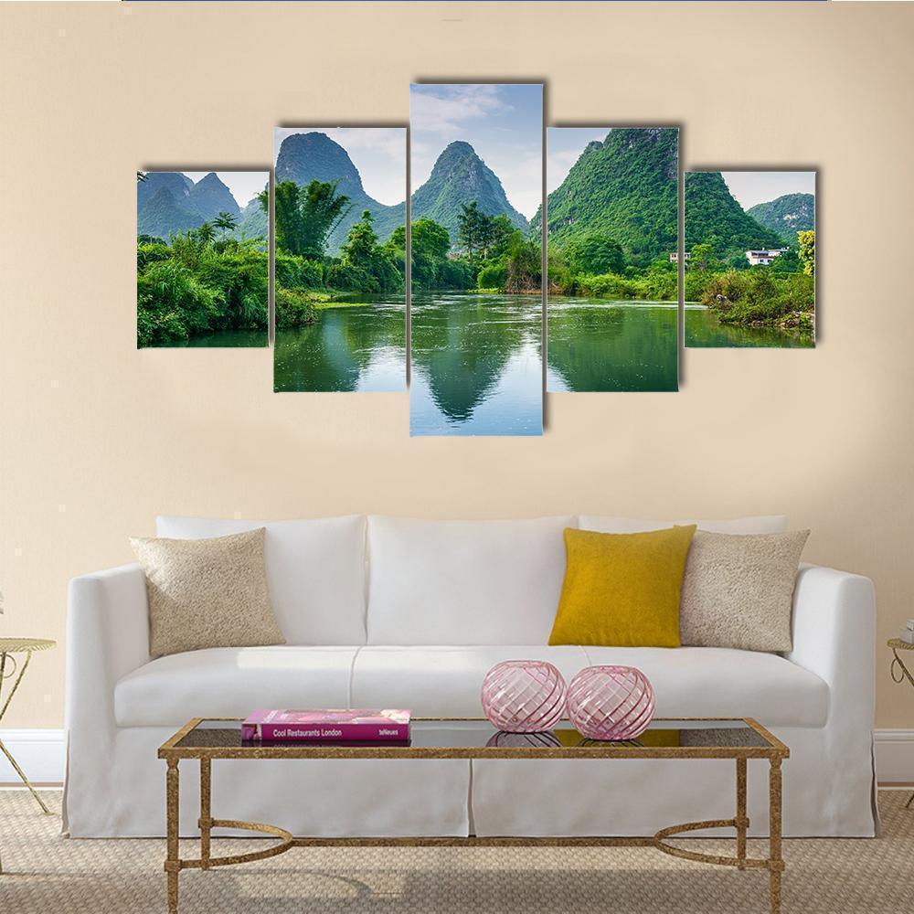 Lake With Karst Mountain Landscape In Guilin Nature Canvas Wall Art