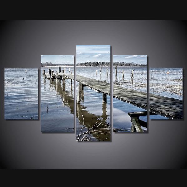 Lake With Wooden Dock Nature Canvas Wall Art