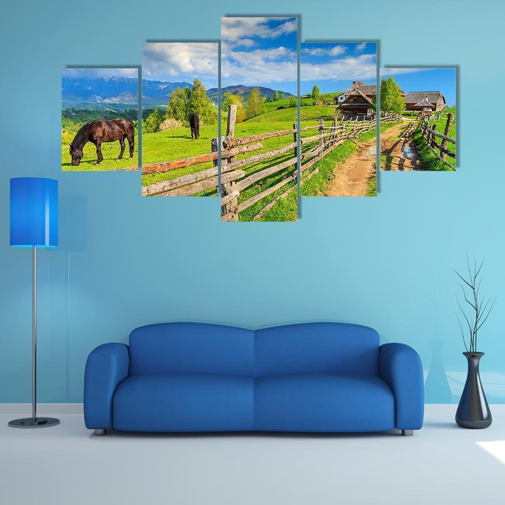 Landscape With Grazing Horses Nature Canvas Wall Art