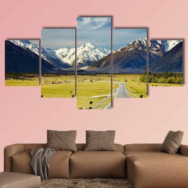 Landscape With Road And Snowy Mountains Nature Canvas Wall Art