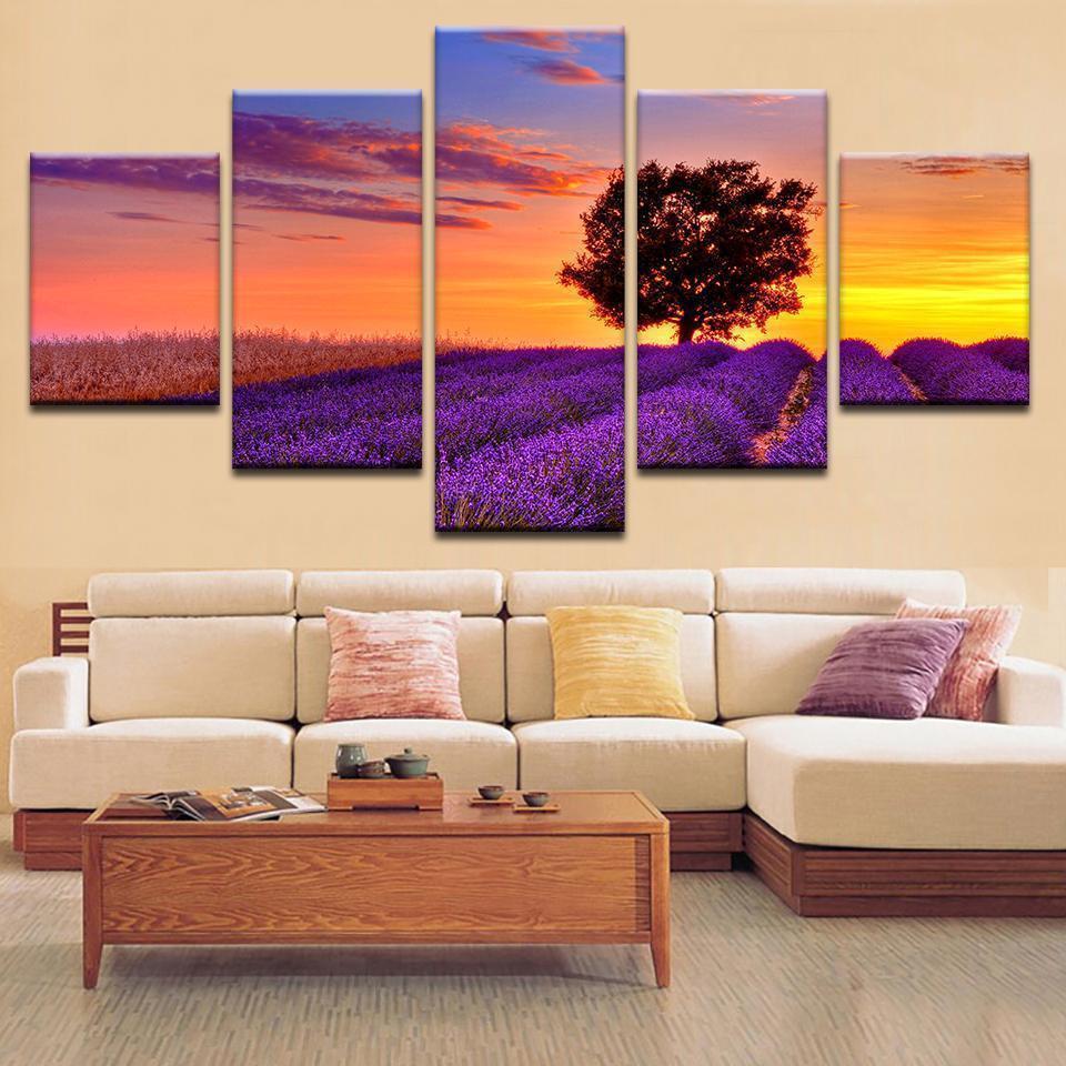 Lavender Field And The Sunset Nature Canvas Wall Art